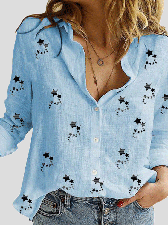 Women's Blouses Small Star Print Button Long Sleeve Blouse