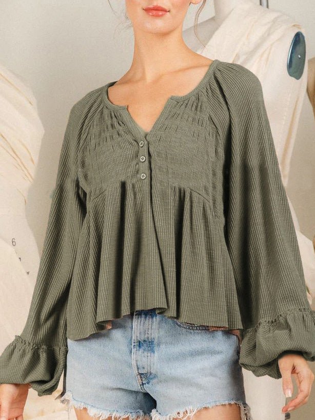 Women's Blouses Solid Button Balloon Sleeve Knit Blouse