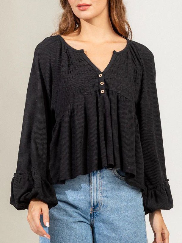 Women's Blouses Solid Button Balloon Sleeve Knit Blouse