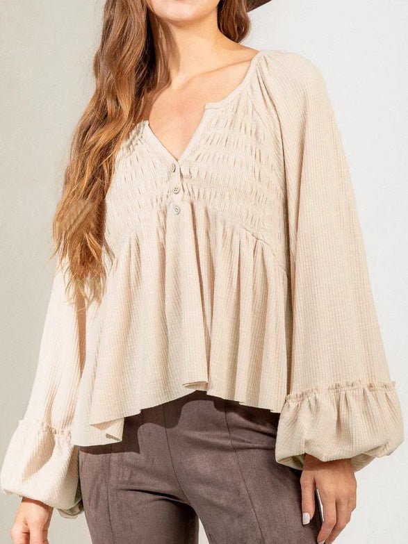 Women's Blouses Solid Button Balloon Sleeve Knit Blouse