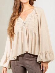 Women's Blouses Solid Button Balloon Sleeve Knit Blouse