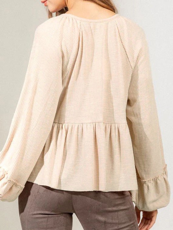 Women's Blouses Solid Button Balloon Sleeve Knit Blouse