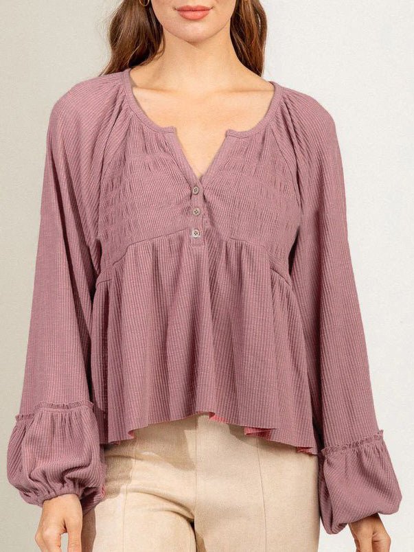 Women's Blouses Solid Button Balloon Sleeve Knit Blouse