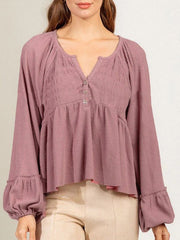Women's Blouses Solid Button Balloon Sleeve Knit Blouse