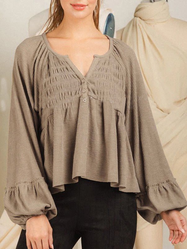 Women's Blouses Solid Button Balloon Sleeve Knit Blouse