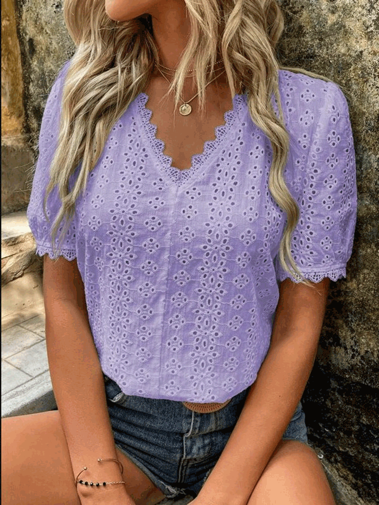 Women's Blouses Solid Lace Cutout Short Sleeve Blouse