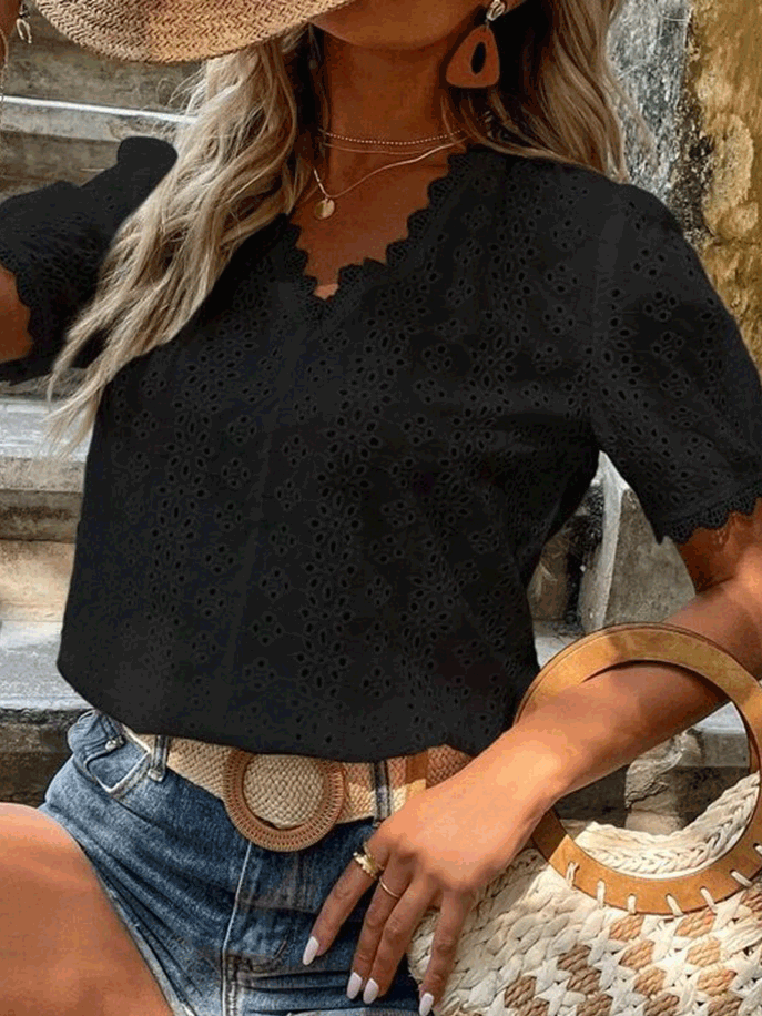 Women's Blouses Solid Lace Cutout Short Sleeve Blouse