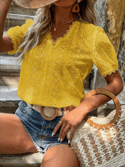 Women's Blouses Solid Lace Cutout Short Sleeve Blouse