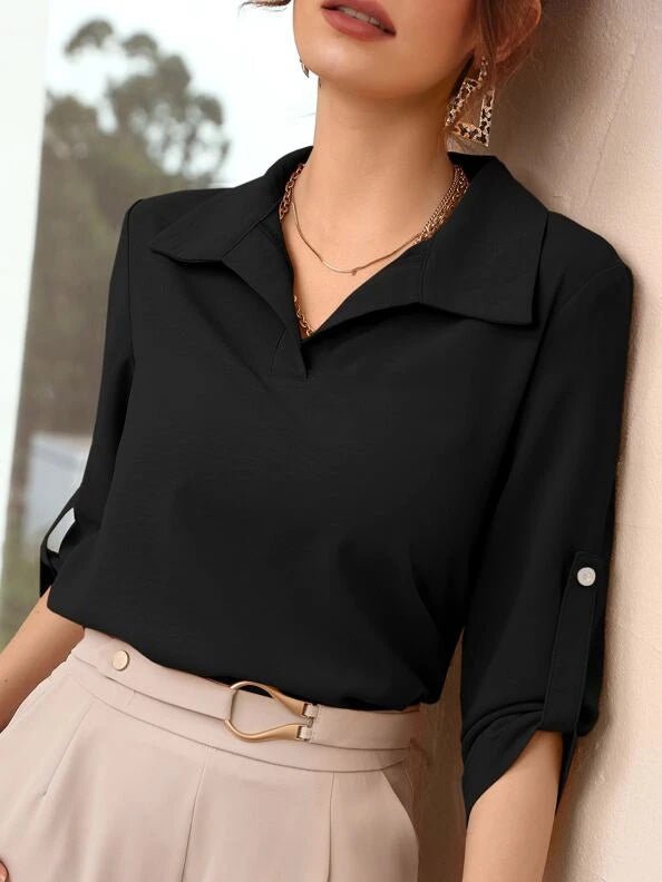 Women's Blouses Solid Lapel Long Sleeve Blouse