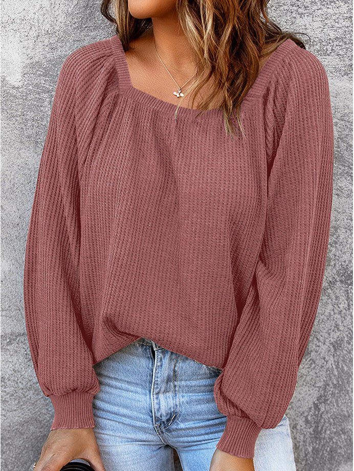 Women's Blouses Solid Square Neck Long Sleeve Knit Blouse