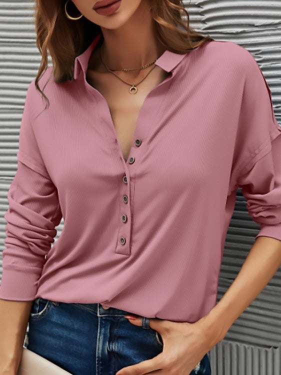 Women's Blouses Solid V-Neck Button Long Sleeve Blouse