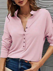 Women's Blouses Solid V-Neck Button Long Sleeve Blouse