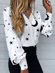 Women's Blouses Star Moon Print Lace Long Sleeve Blouse