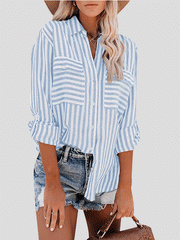 Women's Blouses Striped Single-Breasted Long Sleeve Blouse
