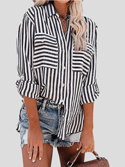 Women's Blouses Striped Single-Breasted Long Sleeve Blouse