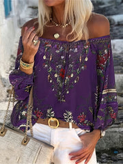 Women's Blouses Vintage Print Boat Neck Belted Long Sleeve Blouse