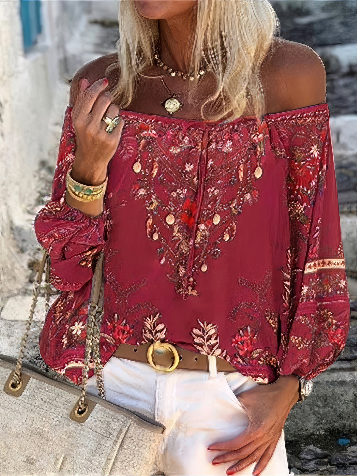 Women's Blouses Vintage Print Boat Neck Belted Long Sleeve Blouse