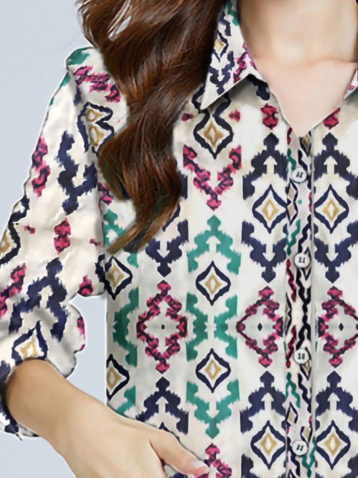Women's Blouses Vintage Print Single Breasted Long Sleeve Blouse