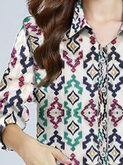 Women's Blouses Vintage Print Single Breasted Long Sleeve Blouse