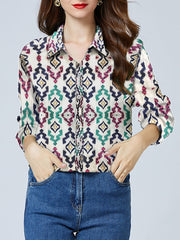 Women's Blouses Vintage Print Single Breasted Long Sleeve Blouse