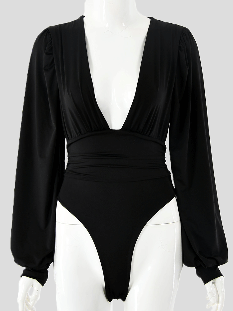 Women's Bodysuits Deep V-Neck Pleated Long Sleeve Bodysuit