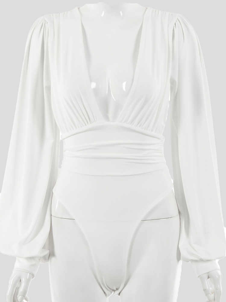 Women's Bodysuits Deep V-Neck Pleated Long Sleeve Bodysuit