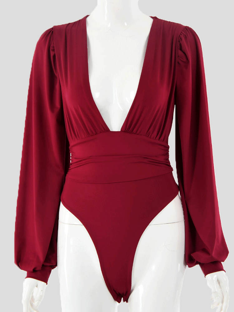 Women's Bodysuits Deep V-Neck Pleated Long Sleeve Bodysuit