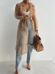 Women's Cardigans Solid Lapel Mesh Lantern Long Sleeve Cardigan