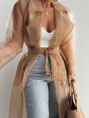 Women's Cardigans Solid Lapel Mesh Lantern Long Sleeve Cardigan
