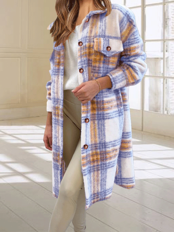 Women's Coats Casual Button Plaid Woolen Long Coat
