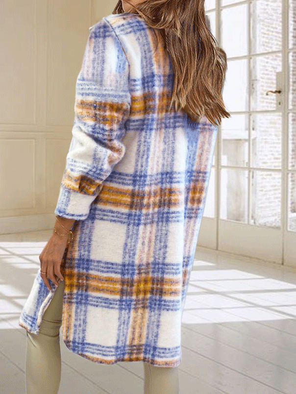 Women's Coats Casual Button Plaid Woolen Long Coat
