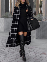 Women's Coats Lapel Pocket Belted Plaid Woolen Coat