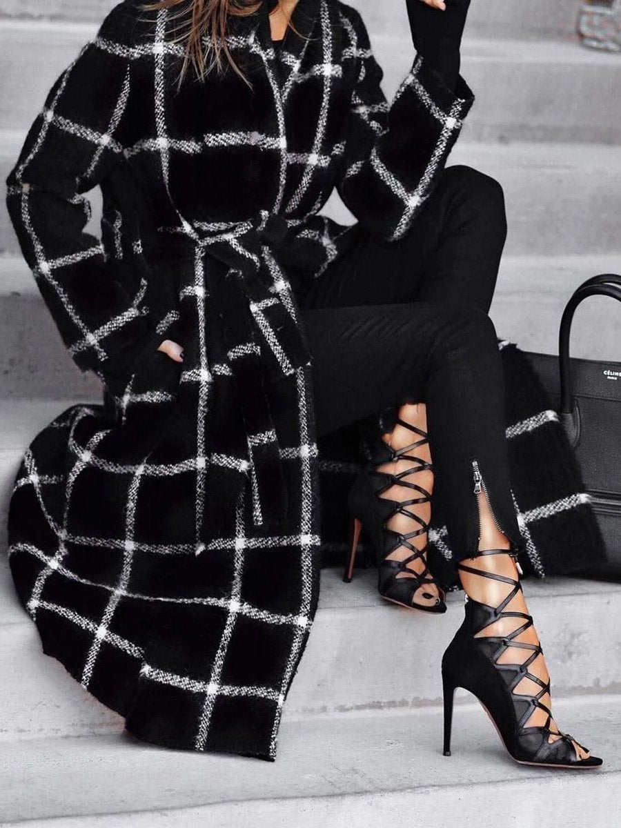 Women's Coats Lapel Pocket Belted Plaid Woolen Coat