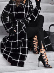 Women's Coats Lapel Pocket Belted Plaid Woolen Coat