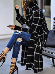 Women's Coats Lapel Pocket Belted Plaid Woolen Coat