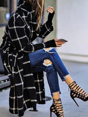 Women's Coats Lapel Pocket Belted Plaid Woolen Coat