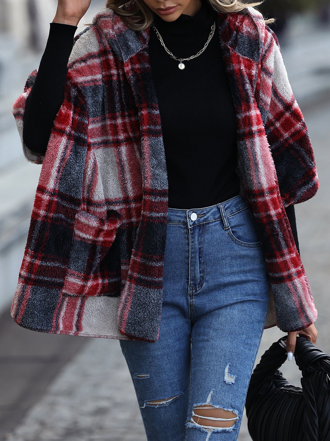 Women's Coats Loose Plush Check Hooded Half Sleeve Coats