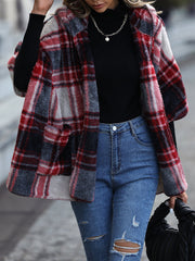 Women's Coats Loose Plush Check Hooded Half Sleeve Coats