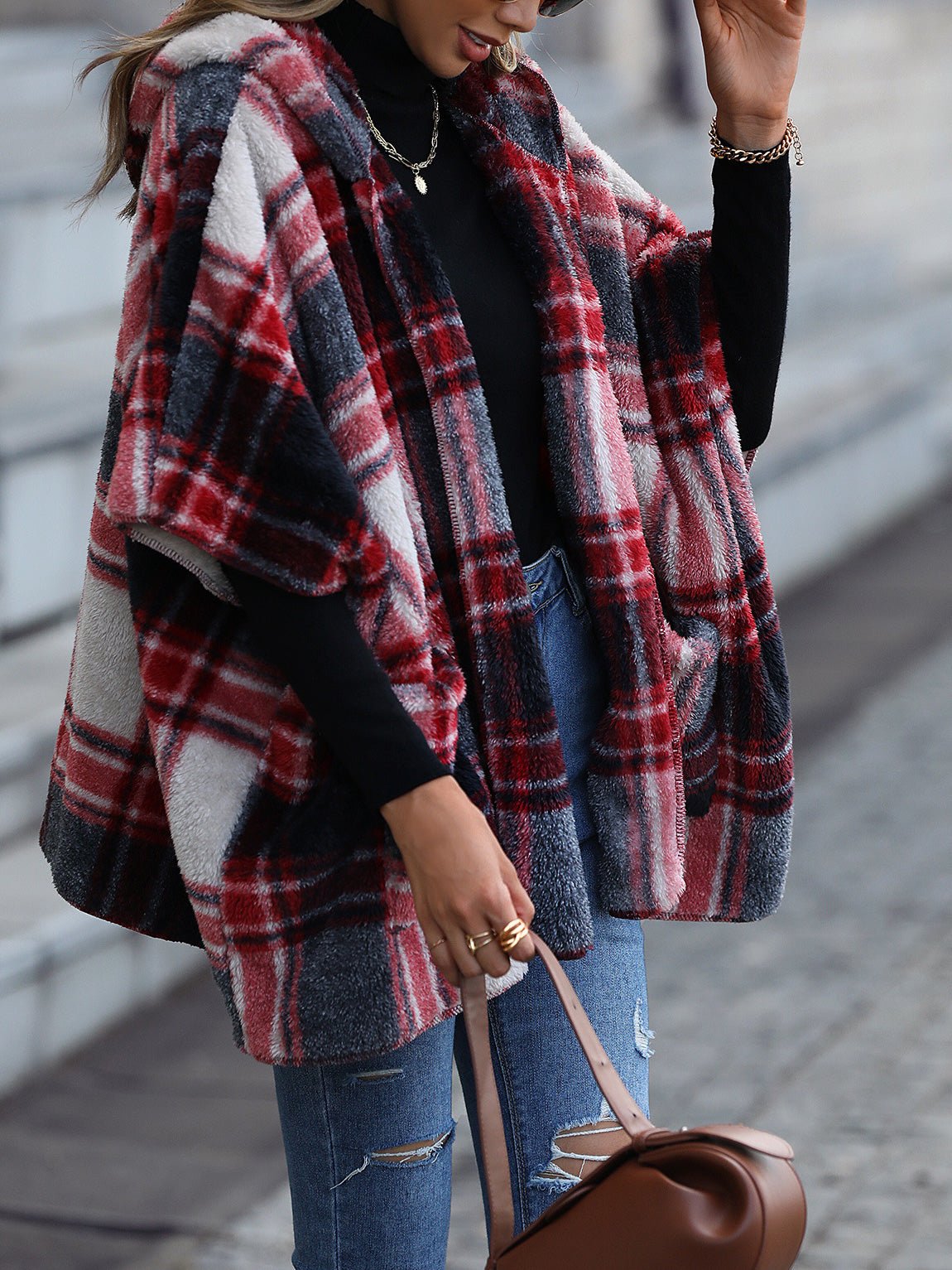 Women's Coats Loose Plush Check Hooded Half Sleeve Coats