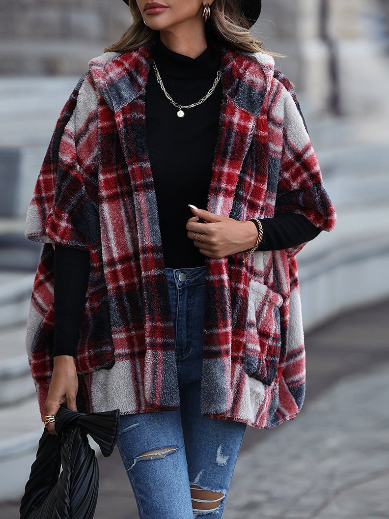 Women's Coats Loose Plush Check Hooded Half Sleeve Coats