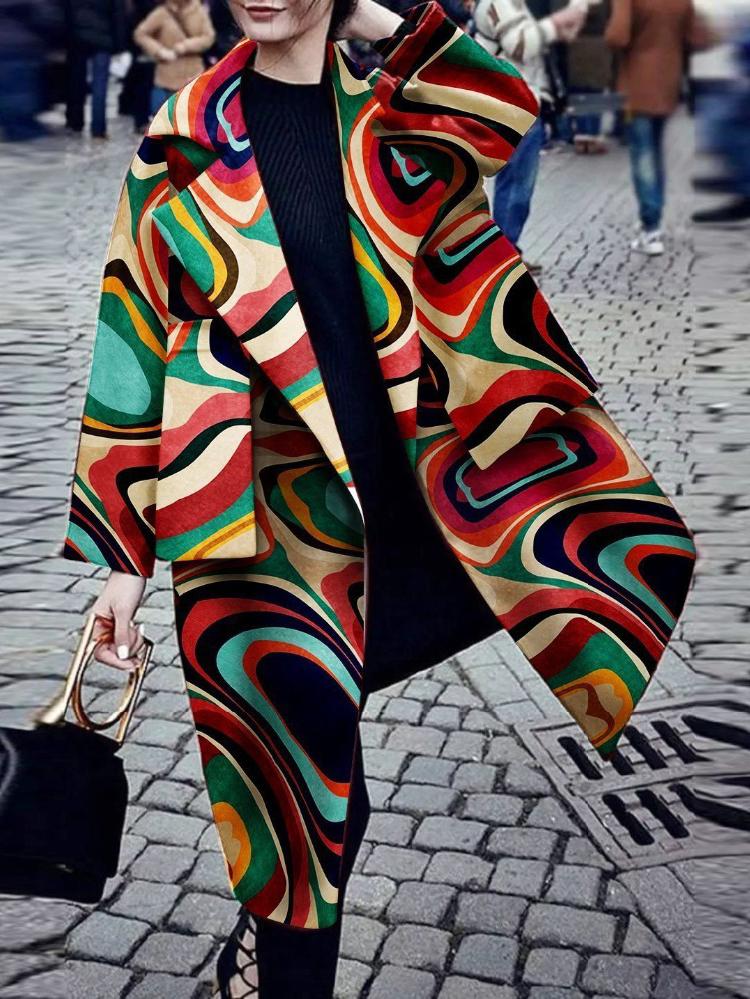 Women's Coats Printed Long Sleeve Warm Woolen Coat