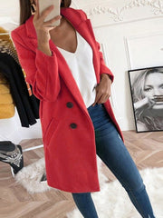 Women's Coats Solid Lapel Button Mid Length Wool Coat