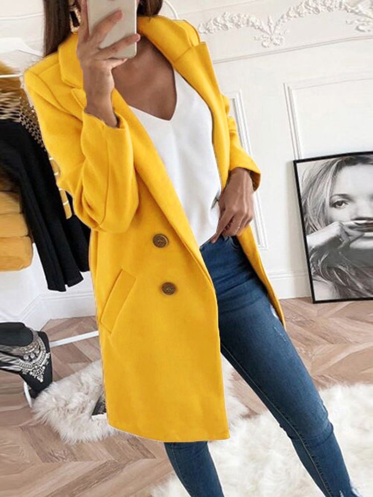 Women's Coats Solid Lapel Button Mid Length Wool Coat