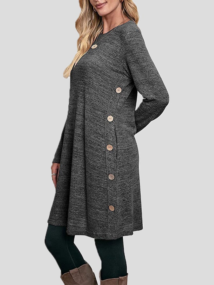 Women's Dresses Buttoned Round Neck Long Sleeve Dress