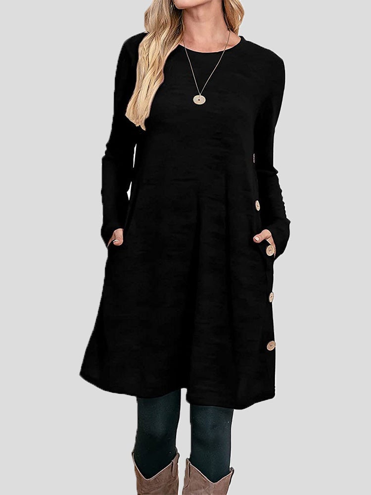Women's Dresses Buttoned Round Neck Long Sleeve Dress
