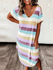 Women's Dresses Casual Colorful Striped V-Neck Short Sleeve Dress