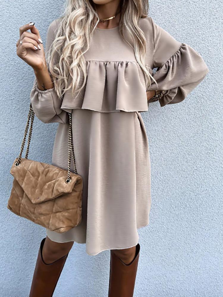 Women's Dresses Casual Solid Ruffled Long Sleeve Dress