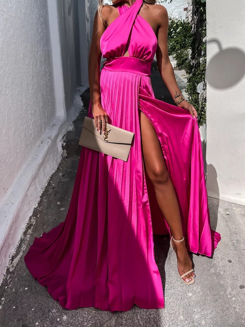 Women's Dresses Cross Halterneck Pleated Sleeveless Slit Dress