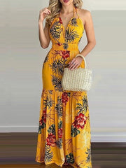 Women's Dresses Deep V-Neck Halter Print Bare Back Dress