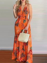Women's Dresses Deep V-Neck Halter Print Bare Back Dress
